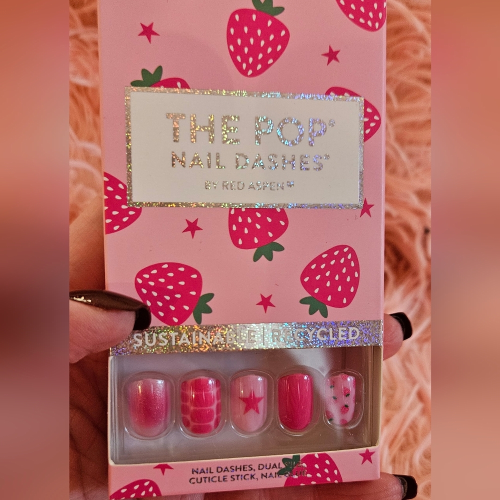Pink strawberry and stars press on nails